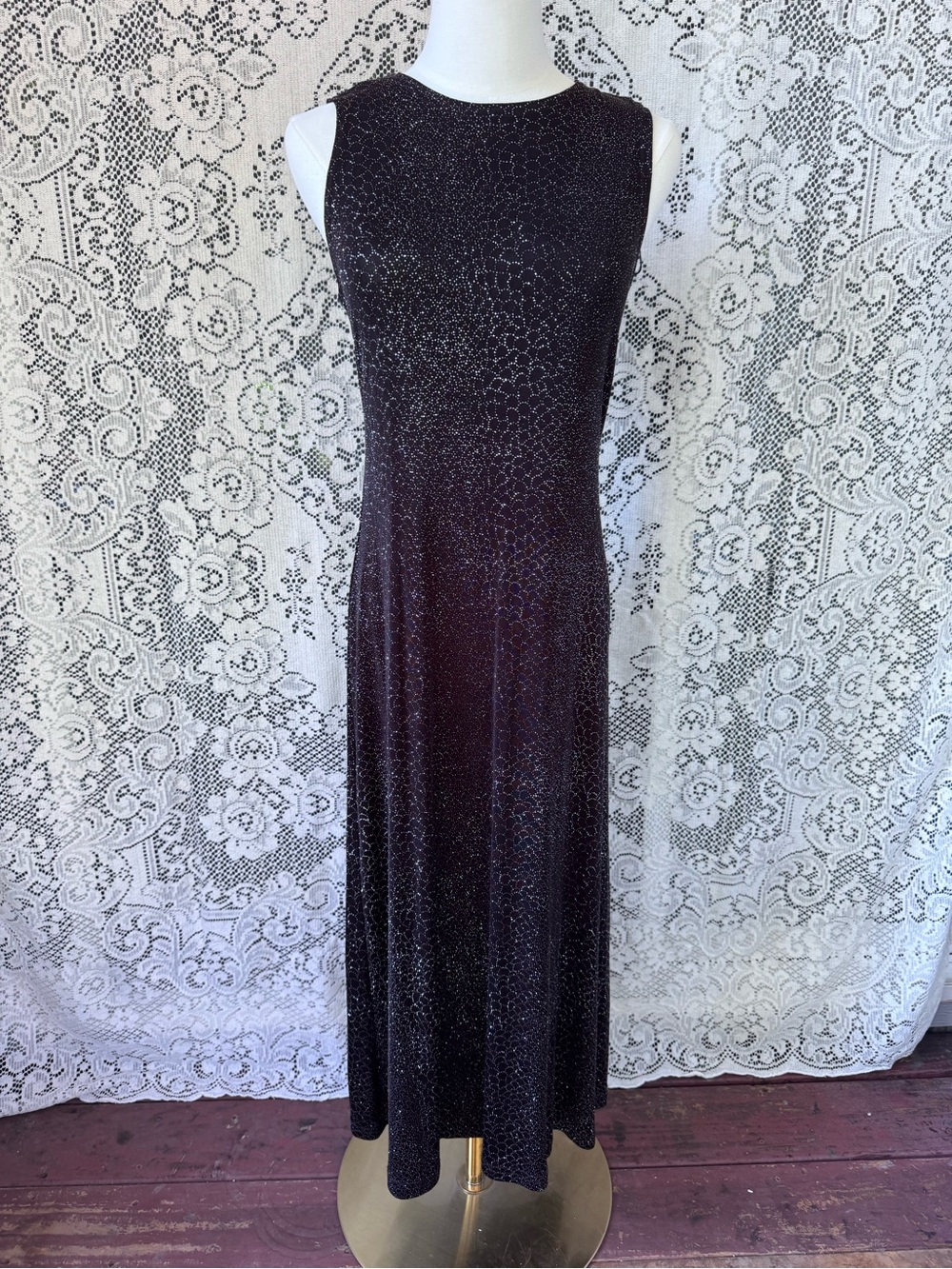 Ronni Nicole Black Maxi Evening Dress with Silver Speckle Accents